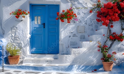 Fototapeta Naklejka Na Ścianę i Meble -  Santorini streets with windows and houses and flowers