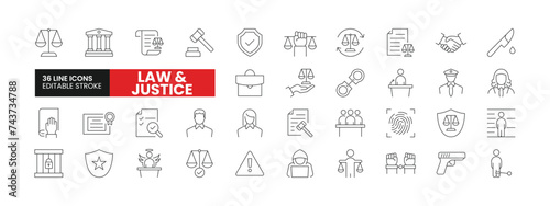 Set of 36 Law and Justice line icons set. Law and Justice outline icons with editable stroke collection. Includes Court, Inspector, Lawyer, Guilty, Arrest, and More.