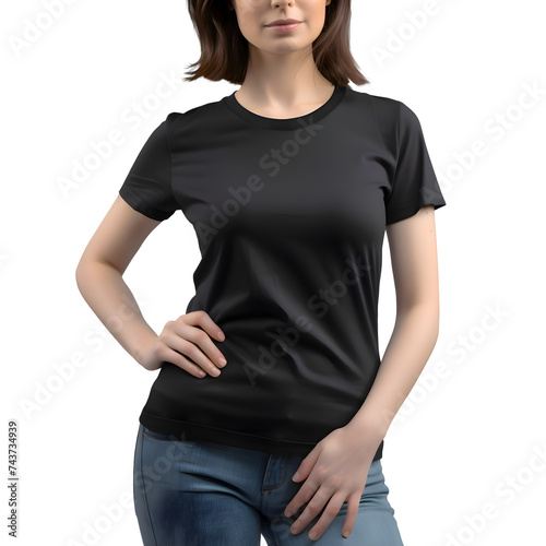 Woman wearing blank black t shirt with clipping path on white background