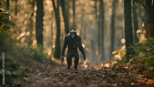 Elusive bigfoot is spotted casually strolling through a sun-dappled forest photo