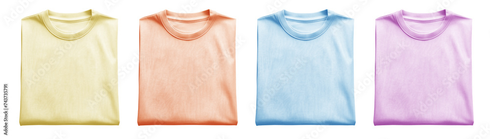 Set of folded blank pastel light yellow orange and blue purple violet tee t shirt sweater round neck on transparent background cutout, PNG file. Mockup template for artwork graphic design
Set of folded blank pastel light yellow orange and blue purple violet tee t shirt sweater round neck on transparent background cutout, PNG file. Mockup template for artwork graphic design