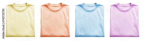 Set of folded blank pastel light yellow orange and blue purple violet tee t shirt sweater round neck on transparent background cutout, PNG file. Mockup template for artwork graphic design