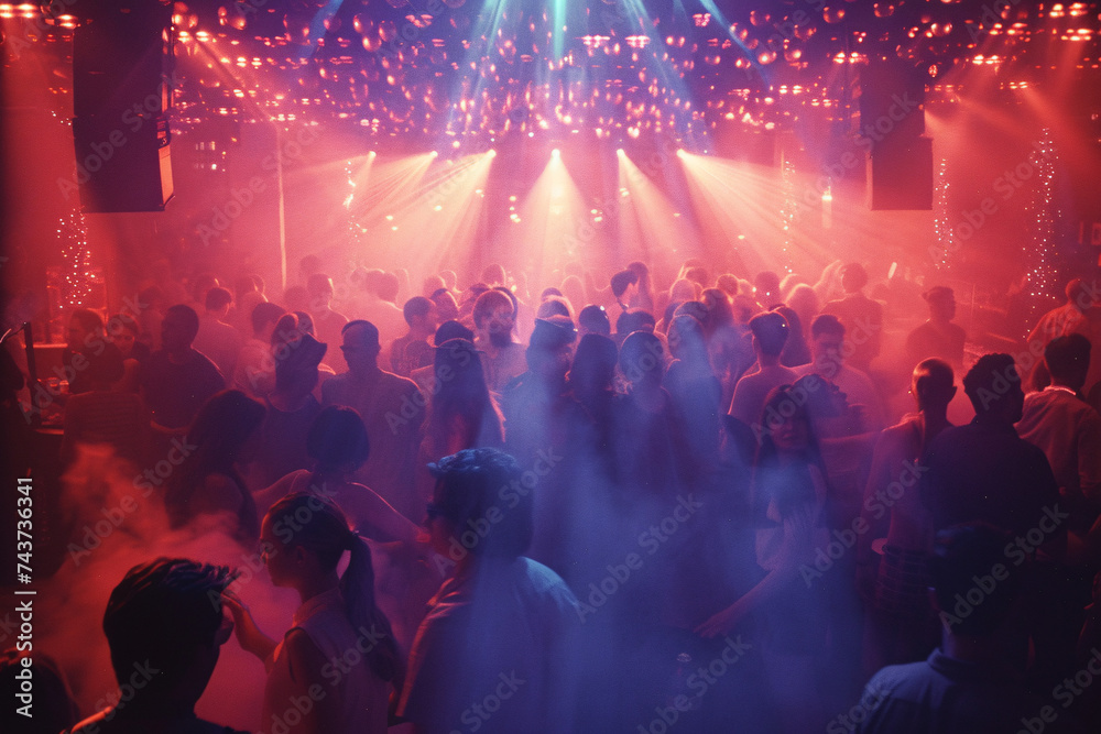 Crowded dance floor with colorful lights and smoke