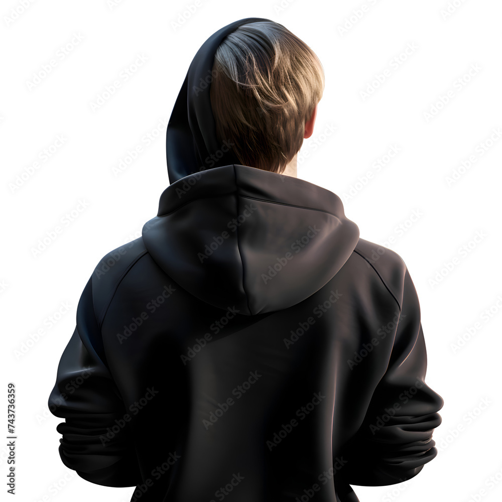 Young man in black hoodie. Rear view. Isolated over white.