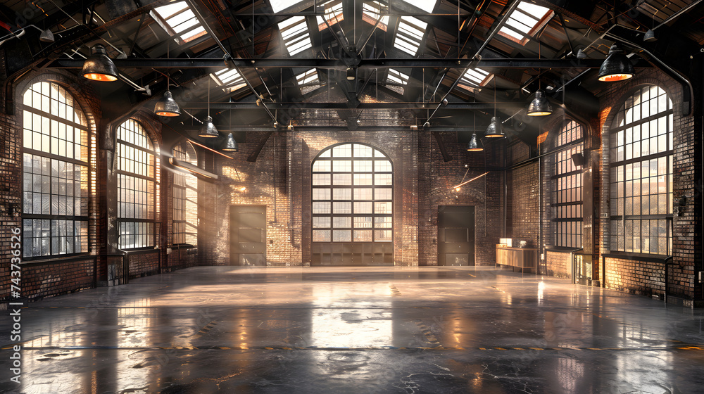 Industrial loft style empty old warehouse interior, brick wall, concrete floor and black steel roof structure