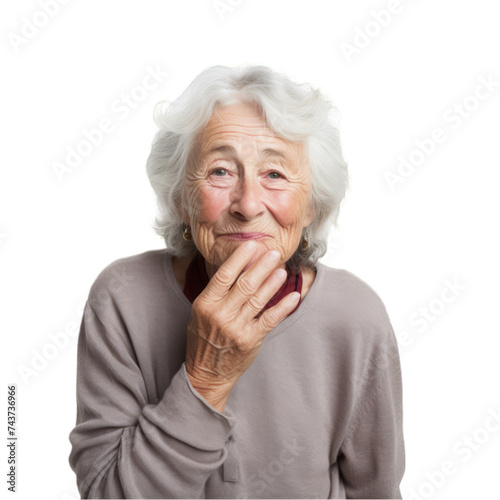 Photo of a content elderly person finger on lips isolated on white background