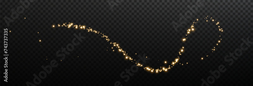 Magical shiny magical gold comets. Festive streaks of gold dust. Abstract light lines of small glowing dust particles. Powder sprinkles png.  Decorative element for cards, invitations, backgrounds.