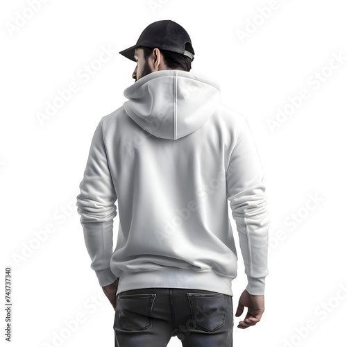 Man in white hoodie and black cap isolated on white background with clipping path