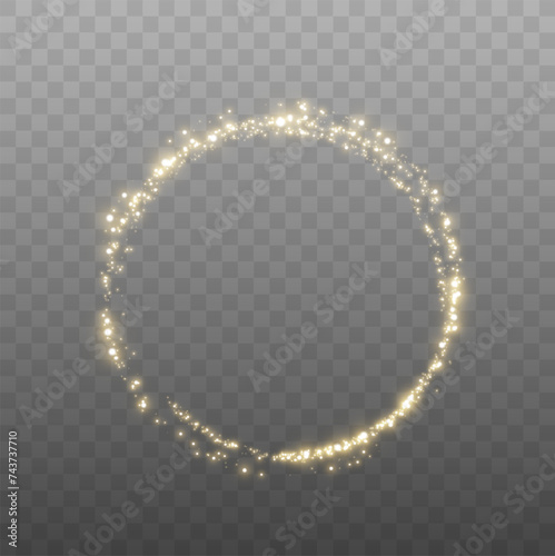 Magical light circle from holiday glitter gold dust png. Festive abstract abstract circular frame with light effect. Light circle for your ads, invitations, games, holiday words, stores, websites. 
