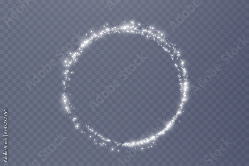 Magical light circle from holiday glitter white dust png. Festive abstract abstract circular frame with light effect. Light circle for your ads, invitations, games, holiday words, stores, websites. 