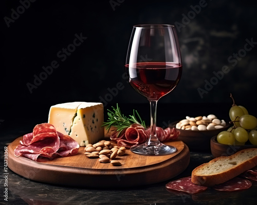 A glass of red wine and a variety of snacks