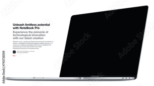 frameless laptop in silver color with a black screen, isolated on a white background. new realistic notebook mockup. vector 3d isometric illustration