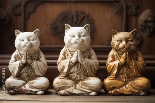 Close up peaceful drawn cats in monk costumes sit in the lotus position, doing yoga and meditation. Concept of mental health in animals