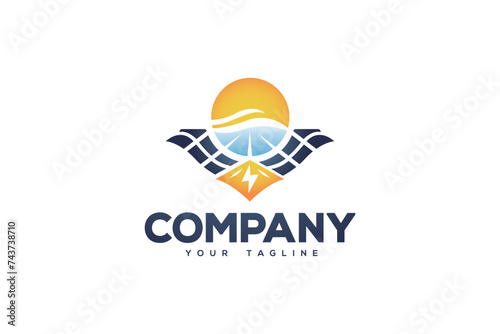 Logo design of an energy solar panel with bright sun in the center and leaves on top..