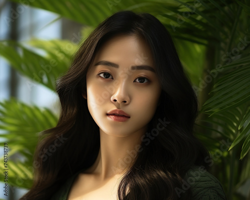Beauty portrait of a young Asian woman on a background of green plants