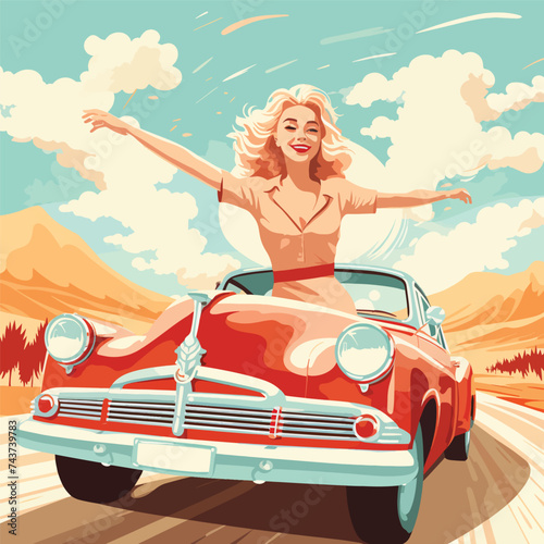 Riding on the Car. Happy Blond Woman Vector Illustration