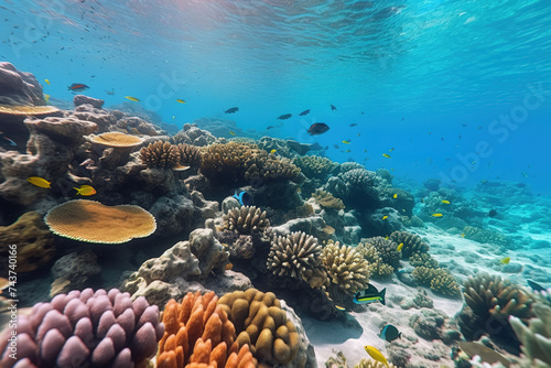 Life in the coral reef comes alive with the vibrant ecosystem featuring a variety of colorful tropical fish, showcasing the diverse animals of the underwater sea world.
