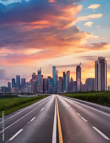 asphalt road and city skyline with colorful sky clouds at sunset Generative AI