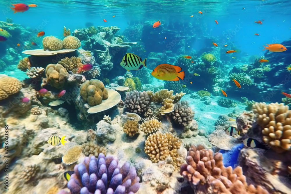 Underwater sea life: vibrant ecosystem, colorful tropical fish, and the beauty of coral reef living.