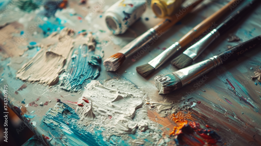 Close-up of brushes on a pastel background with rough strokes of paint. Art-aesthetic studio. Generative AI Close-up of brushes on a pastel background with rough strokes of paint. Art-aesthetic studio. Generative AI