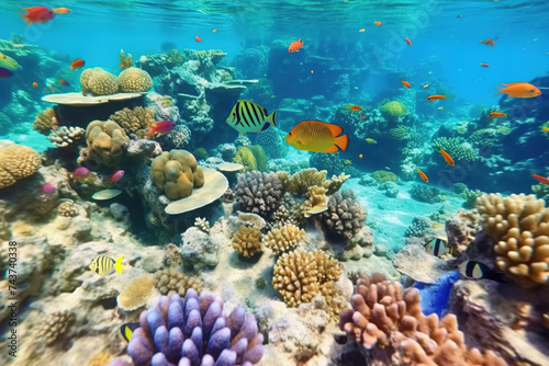 Underwater sea life: vibrant ecosystem, colorful tropical fish, and the beauty of coral reef living.