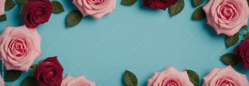 Frame with bright rose flowers on a blue background. Panorama, Greeting card design for holiday, Mother's Day, Easter, Valentine's Day. Spring composition. Flat lay, top view