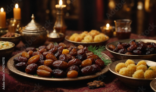 Muslim family starting iftar with dates and other foods during Ramadan, table of Iftar