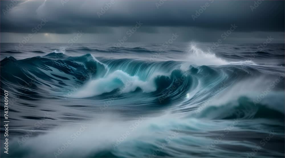Strong and high waves under sunset with cloudy sky amidst the vast blue sea scenery.