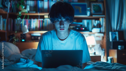 Teenage digital entrepreneur engrossed in his laptop room dimly lit embodying the western hikikomori lifestyle