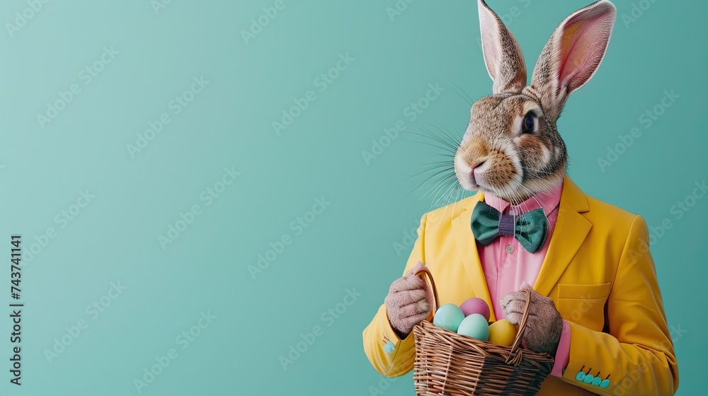 Easter trendy banner with a rabbit wearing hipster suit as a human, Easter bunny fashion model, background with copy space, AI generated