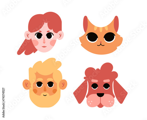 Four badges with faces. Woman, man, dog and cat. Human and animal heads. Pet owners and their furry friends. Vector illustration.