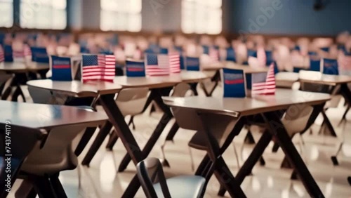 voting hall blurry video, election ballot boxes with U.S. flags printed photo
