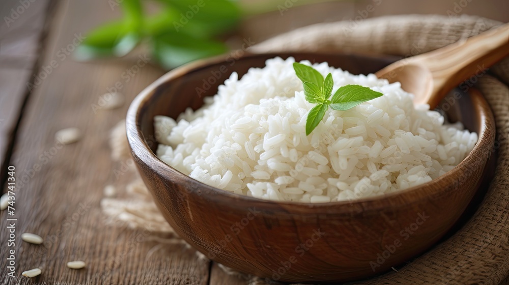 A delicious serving of white rice, perfectly paired with a rustic wooden spoon, creating a harmonious combination of flavors. A delicious serving of white rice, perfectly paired with a rustic wooden spoon, creating a harmonious combination of flavors.