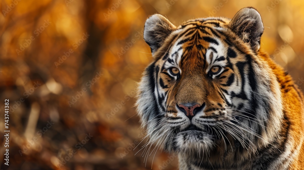 Fototapeta premium Majestic Tiger Amidst Autumn Foliage Under Golden Sunlight
