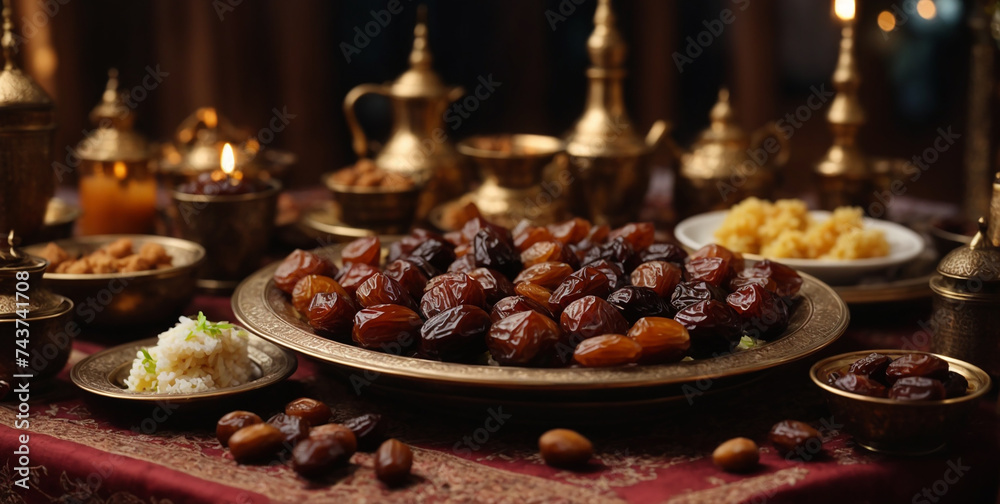 Muslim family starting iftar with dates and other foods during Ramadan, table of Iftar