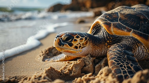 Majestic Sea Turtle Basking on a Sunny Beach Shore