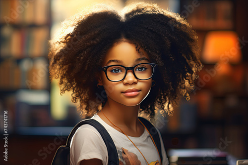 Portrait of a cute African-American girl in glasses with a white t-shirt, a briefcase behind her on a blurred background of a library © gamespirit