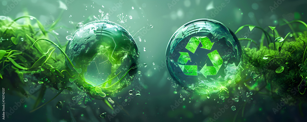 Eco-friendly concept art of green globes with recycling symbols, plants, and water drops. - obrazy, fototapety, plakaty 