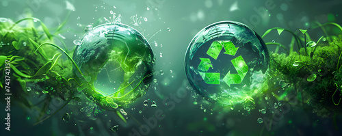 Eco-friendly concept art of green globes with recycling symbols, plants, and water drops.
