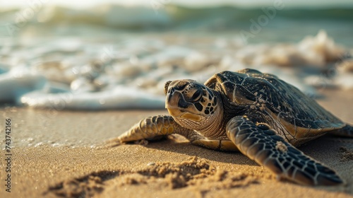 Close-up of Sea Turtle on Sandy Beach at Sunset with Waves in Background