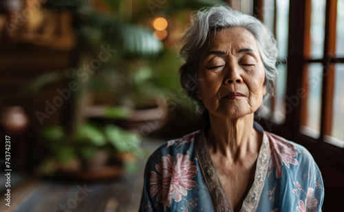 Close up Portrait of elderly woman sits in the lotus position meditating in a yoga studio. Mental and spiritual health development at any age 