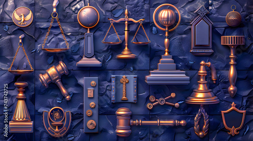 An array of law and justice symbols in monochromatic blue, representing legal order and structure. photo