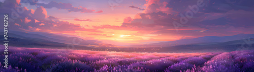 A breathtaking landscape of rolling hills blanketed in purple lavender under a sunset sky.