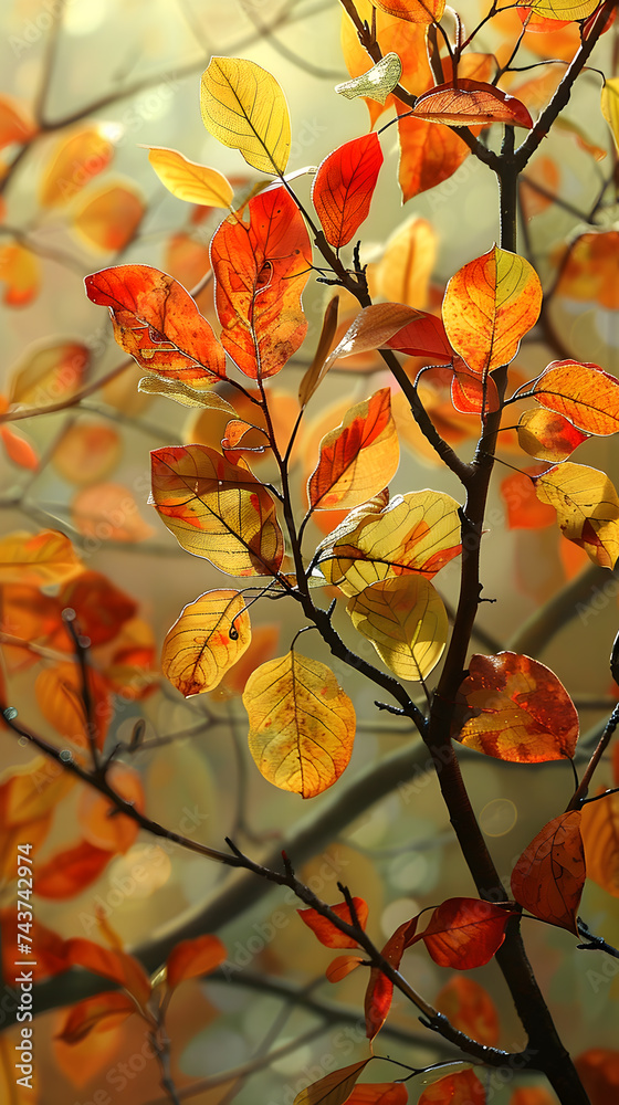 Close-up of colorful autumn leaves on a tree, illuminated by soft backlighting. Close-up of colorful autumn leaves on a tree, illuminated by soft backlighting.