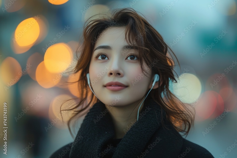 A dreamy and stylish portrait of a young Japanese womana, exuding sensuality and happiness.