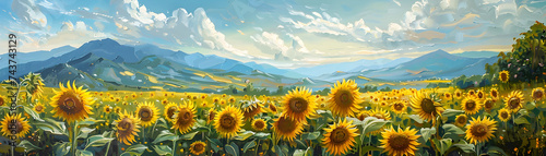 Wallpaper Mural Panoramic oil painting of sunflowers in bloom with a backdrop of majestic mountains. Torontodigital.ca