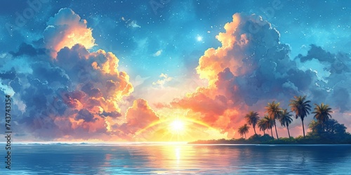 Majestic island sunset paints the sky and sea with vibrant hues, creating a tranquil scene.