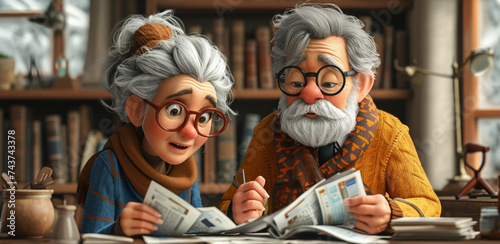 A cartoon depiction of a senior couple at home, focusing on paperwork, bills, and financial matters. photo