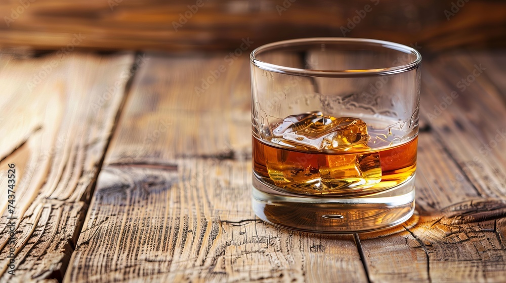 Wooden table with a glass of whiskey Wooden table with a glass of whiskey