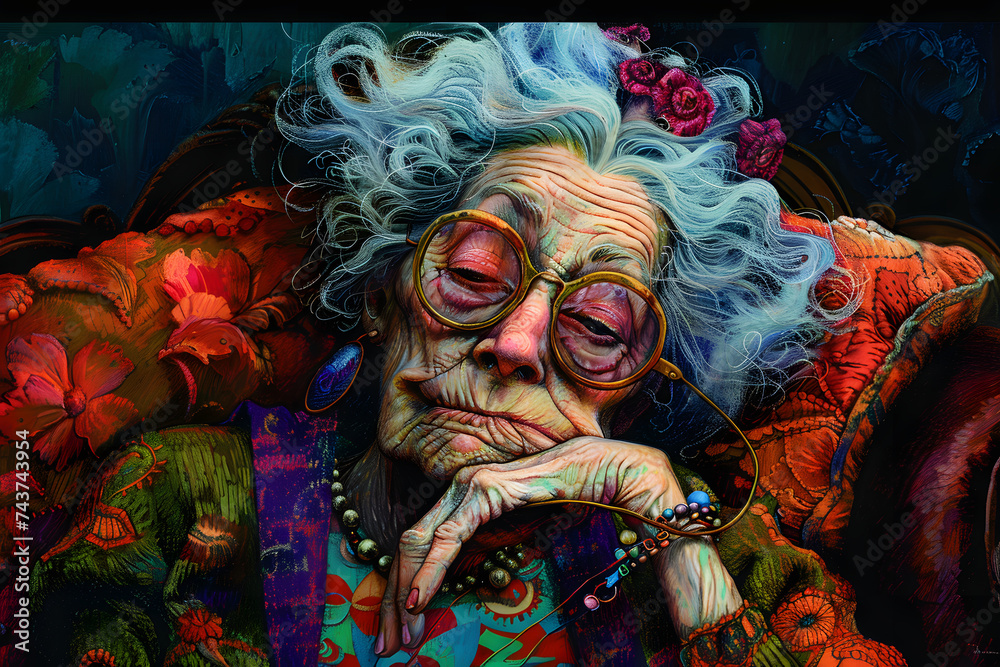 Expressive and Funny Old Woman. Colorful Illustration